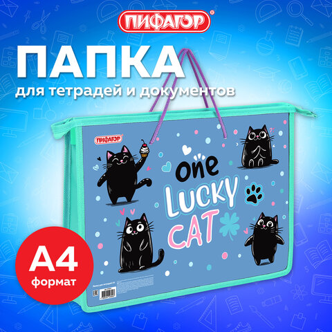 Папка на молнии с ручками ПИФАГОР А4, 1 отделение, пластик, ручки-шнурок, "Funny cats", 273353