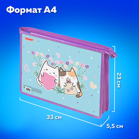Папка для тетрадей ПИФАГОР А4, 1 отделение, картон/пластик, на молнии, "Cat friends", 272127