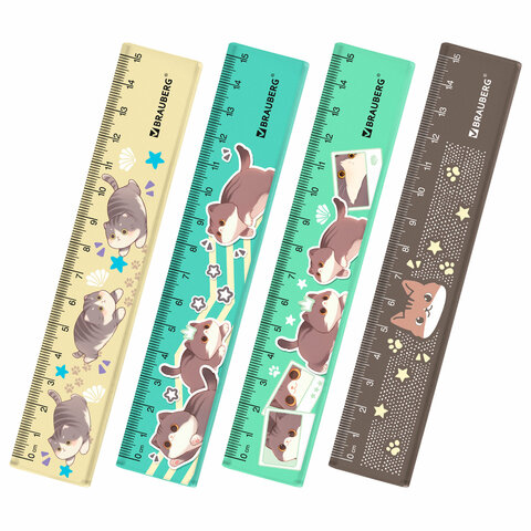 Линейка пластиковая 15 см BRAUBERG "МИЛЫЕ КОТЫ", тонированная, ассорти, 210865