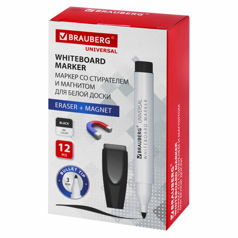 Маркер стираемый на магните со стирателем для белой доски ЧЕРНЫЙ, BRAUBERG "UNIVERSAL", 3 мм, 152490