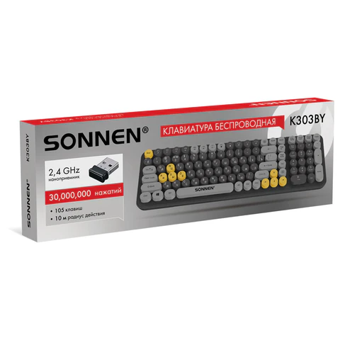 Клавиатура беспроводная бесшумная USB, 105 клавиш, SONNEN K303BY, черная / серая / желтая, 513952