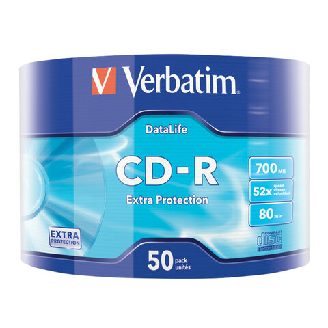 Диски CD-R VERBATIM DataLife, 700 Мб 52x Bulk (термоусадка без шпиля), КОМПЛЕКТ 50 шт., 43787