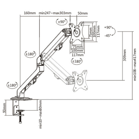 Кронштейн для монитора настольный VESA 75х75, 100х100, 17"-27", до 7 кг, SONNEN MOTION, 455944