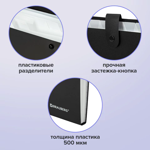 Папка-органайзер на кнопке 12 отделений, BRAUBERG "Extra", А4, черная с белым, 271930