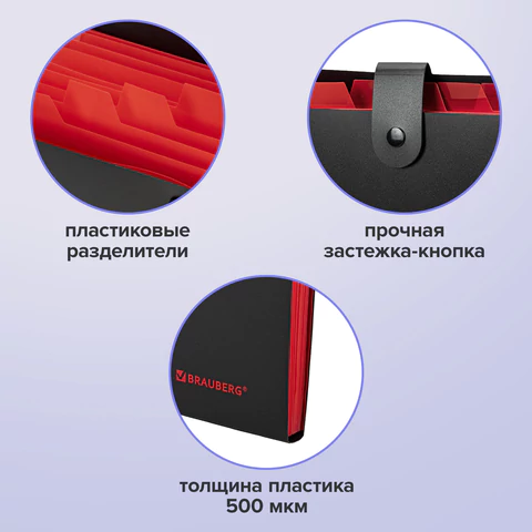 Папка-органайзер на кнопке 12 отделений, BRAUBERG "Extra", А4, черная с красным, 271934