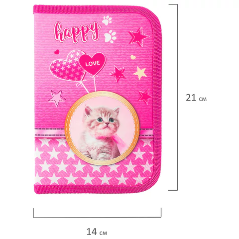 Пенал BRAUBERG, 1 отделение, 1 откидная планка, полиэстер, 21х14 см, "Happy kitten", 270308