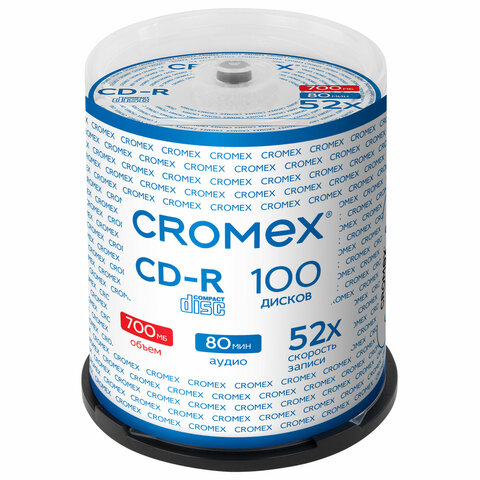 Диски CD-R CROMEX (КРОМЕКС), 700 Mb, 52x, Cake Box (упаковка на шпиле), КОМПЛЕКТ 100 шт., 513778
