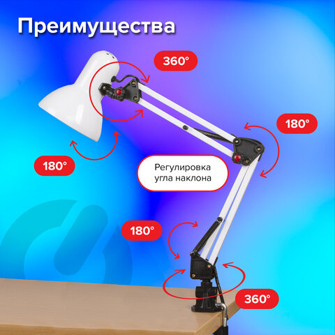 Настольная лампа / светильник SONNEN TL-007, подставка + струбцина, 40 Вт, Е27, БЕЛЫЙ, высота 60 см, 235539