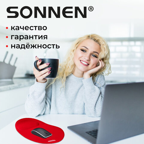 Коврик для мыши с подушкой под запястье SONNEN, полиуретан + лайкра, 250х220х20 мм, красный, 513301