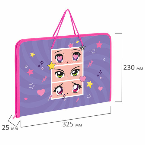 Папка для труда на молнии с ручками ПИФАГОР А4, 1 отделение, пластик, органайзер, "Anime eyes", 272228