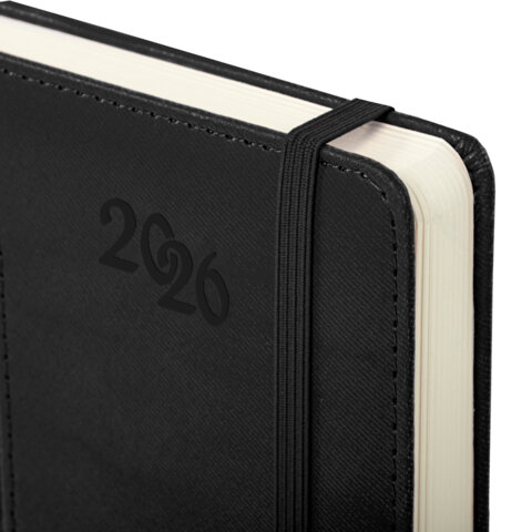 Ежедневник датированный 2026, А5, 138x213 мм, BRAUBERG "Optimal", под кожу, резинка, держатель для ручки, черный, 117465