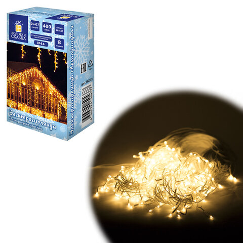 Электрогирлянда-бахрома уличная 25х0,7 м, 400 LED, тёплый белый, 220 V, контроллер, ЗОЛОТАЯ СКАЗКА, 592551