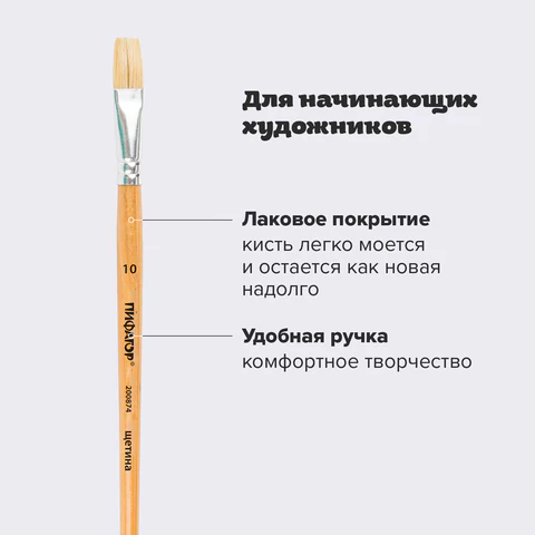 Кисть ПИФАГОР, ЩЕТИНА, плоская, № 10, деревянная лакированная ручка, пакет с подвесом, 200874