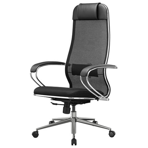 Кресло офисное МЕТТА "К-16" хром, ткань-сетка/экокожа, сиденье мягкое, черное