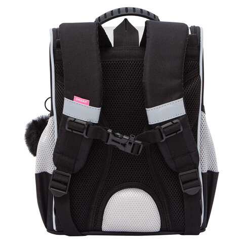 Ранец GRIZZLY анатомическая спинка, с мешком для обуви, для девочек, "BLACKY", серый, 33х25х13 см, RAm-584-1/2