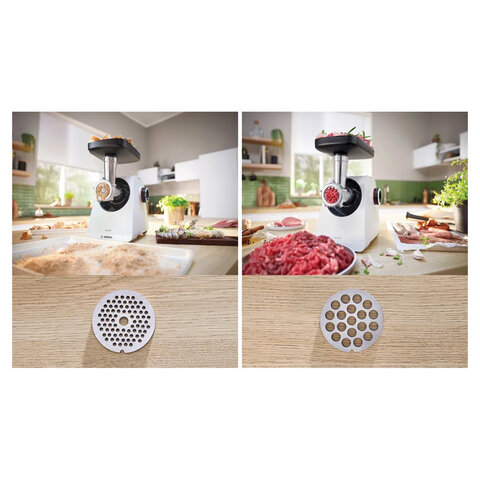 Мясорубка BOSCH MFWS420W, мощность 1900 Вт, производительность 2,5 кг/мин, металлический шнек, реверс