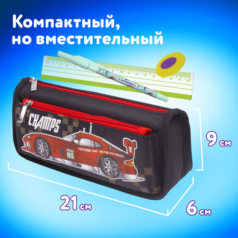 Пенал мягкий ЮНЛАНДИЯ, 2 отделения, полиэстер, "Car champion", черный, 21х6х9 см, 228982