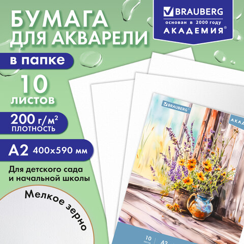 Папка для акварели БОЛЬШАЯ А2, 400х590 мм, 10 листов, 200 г/м2, BRAUBERG АКАДЕМИЯ (ДЭК), "Цветы", 117739