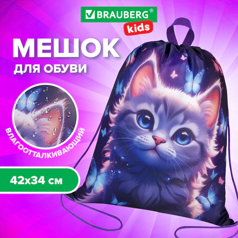 Мешок для обуви BRAUBERG KIDS, с петлей, 42х34 см, "Curious cat", 273434