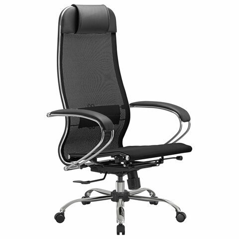 Кресло офисное МЕТТА "К-12", хром, ткань-сетка, сиденье и спинка регулируемые, черное