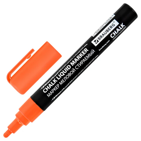 Маркер меловой CHALK LIQUID MARKER, ОРАНЖЕВЫЙ, 3 мм, стираемый, BRAUBERG "CHALK", 152591