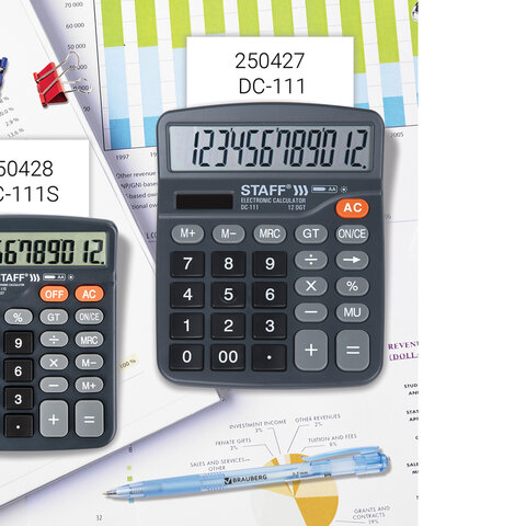 Калькулятор настольный STAFF PLUS DC-111 (180x145 мм), 12 разрядов, двойное питание, +БАТАРЕЙКА АА, 250427