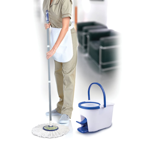 Швабра с отжимом и ведром 11л/7л, центрифуга, отжим педалью, круглая насадка липучка, бело-синий, LAIMA, 601459