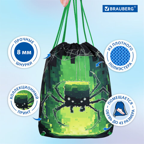 Мешок для обуви BRAUBERG PREMIUM, карман, подкладка, светоотражайка, 43х33 см, "Digital spider", 273444