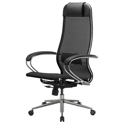Кресло офисное МЕТТА "К-12", хром, ткань-сетка, сиденье и спинка регулируемые, черное