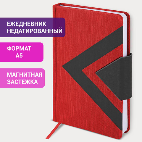 Ежедневник недатированный А5 138x213 мм BRAUBERG "Waves" под кожу, застежка 160 л., красный/черный, 111874