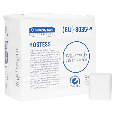 Бумага туалетная листовая KIMBERLY-CLARK Hostess КОМПЛЕКТ 32 шт., 250 листов, 18,6х11 см, 2-слойная, 8035