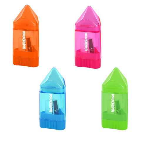 Точилка ЮНЛАНДИЯ "Карандашик", со стирательной резинкой, с контейнером, пластиковая, ассорти, 228440