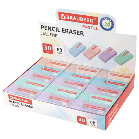 Ластик BRAUBERG "PASTEL MATTE", 50х24х10 мм, прямоугольный, картонный держатель, экологичный ПВХ, ассорти, 272729