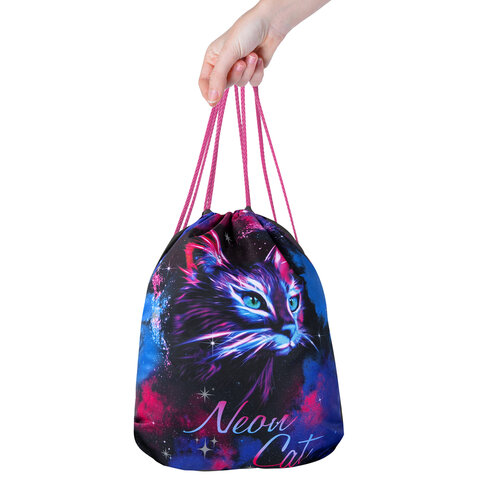 Мешок для обуви BRAUBERG PREMIUM, карман, подкладка, светоотражайка, 43х33 см, "Neon cat", 271621