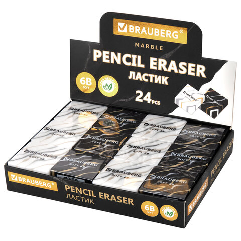 Ластик BRAUBERG "MARBLE", 34х34х11 мм, квадратный, экологичный ПВХ, ассорти, 272726