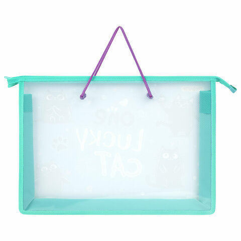 Папка на молнии с ручками ПИФАГОР А4, 1 отделение, пластик, ручки-шнурок, "Funny cats", 273353