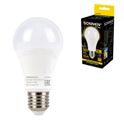Лампа светодиодная SONNEN EXTRA, 15 (130) Вт, Е27, груша, теплый белый, 30000 ч, LED A60-15W-2700-Е27, 457896