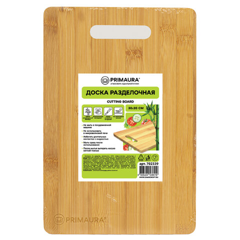 Доска разделочная БАМБУКОВАЯ, 30х20х1 см, с ручкой, PRIMAURA (ПРИМАУРА) STANDARD, натуральный цвет, 702339