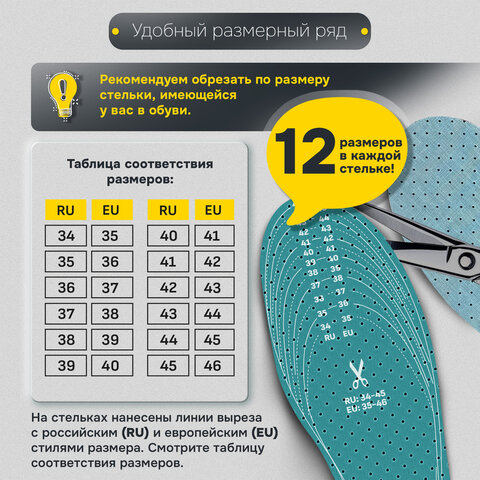 Стельки для обуви АНТИЗАПАХ, УНИВЕРСАЛЬНЫЙ размер RU 34-45 / EU 35-46 с линиями выреза, SHEGRA (ШЕГРА), 700732