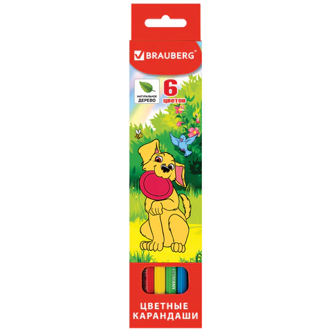 Карандаши цветные BRAUBERG "My lovely dogs", 6 цветов, шестигранные, грифель 3 мм, натуральное дерево, 180518