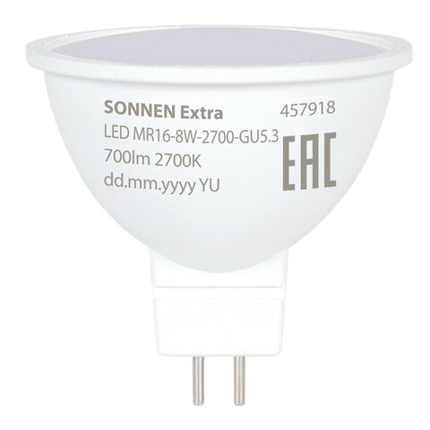 Лампа светодиодная SONNEN EXTRA, 8 (70) Вт, GU5.3, софит, теплый белый, 30000 ч, LED MR16-GU5.3-8W-2700, 457918