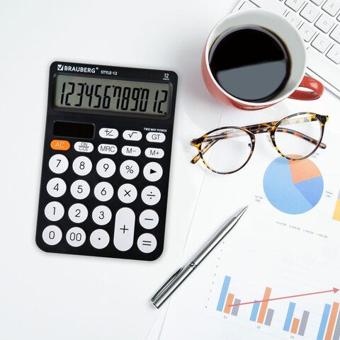 Калькулятор настольный BRAUBERG STYLE-12-BK (157х106 мм), 12 разрядов, двойное питание, ЧЕРНЫЙ, 272965