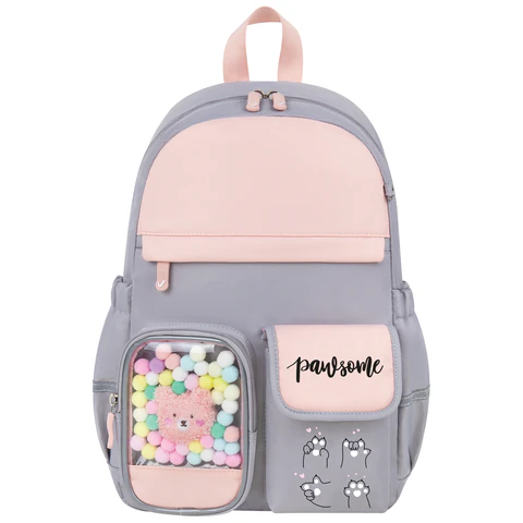 Рюкзак BRAUBERG PASTEL с термонашивками в комплекте, "Sweet paws", серый, 40х29х14 см, 272064
