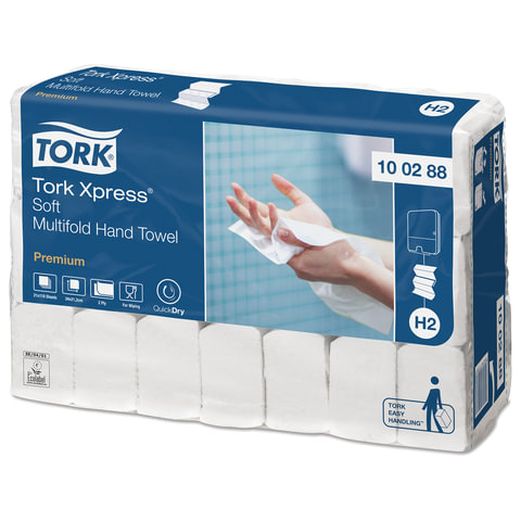 Полотенца бумажные 110 шт., TORK (H2) PREMIUM, КОМПЛЕКТ 21 пачка, 2-слойные, белые, 21х34 см, Z-сложение, 100288