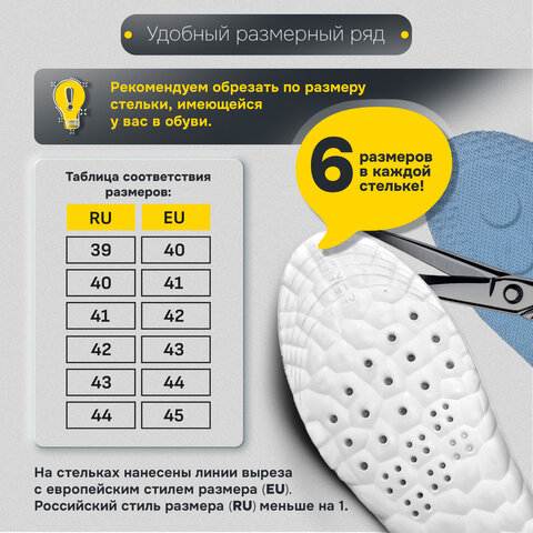 Стельки для обуви АНАТОМИЧЕСКИЕ С СУПИНАТОРОМ, материал PU PRO, размер RU 39-44 / EU 40-45, с линиями выреза, SHEGRA (ШЕГРА), 700739