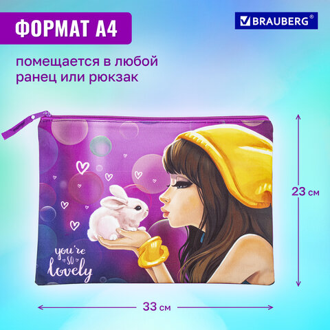 Папка для тетрадей BRAUBERG А4, 1 отделение, полиэстер, на молнии, с ручкой, "Rabbit", 270940