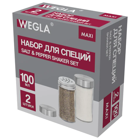 Набор для специй 2х100 мл, MAXI, солонка + перечница, стекло/сталь, круглые, WEGLA (ВЕГЛА), 700230