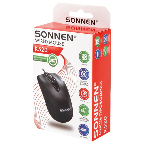 Мышь проводная БЕСШУМНАЯ USB, 1200 dpi, 2 кнопки + колесо-кнопка, оптическая, SONNEN K520, черная, 513944