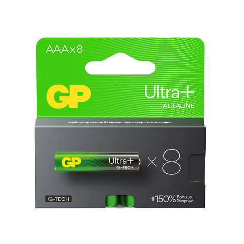 Батарейки КОМПЛЕКТ 8 шт., GP Ultra Plus G-Tech, AAA (LR03), алкалиновые, мизинчиковые, 24AUPA21-2CRB8