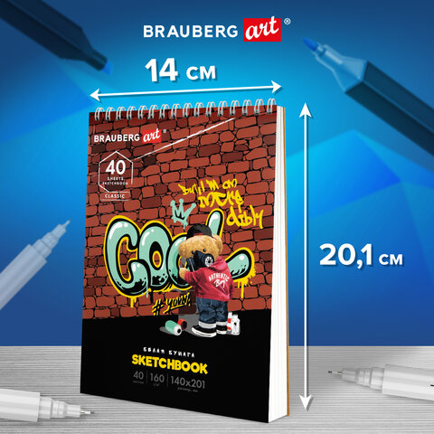 Скетчбук, белая бумага 160 г/м2, 140х201 мм, 40 л., гребень, подложка, BRAUBERG ART CLASSIC, "Граффити", 115069